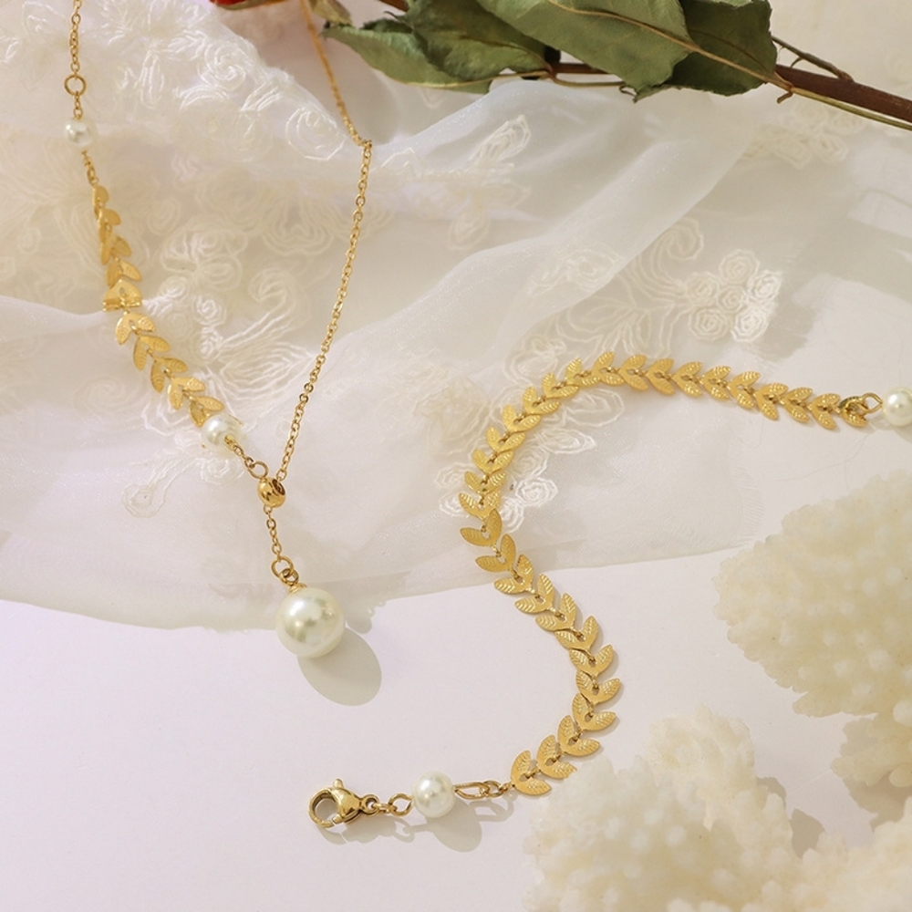Gold Leaf & Pearl Necklace + Bracelet Set ✨ Elegant & Romantic